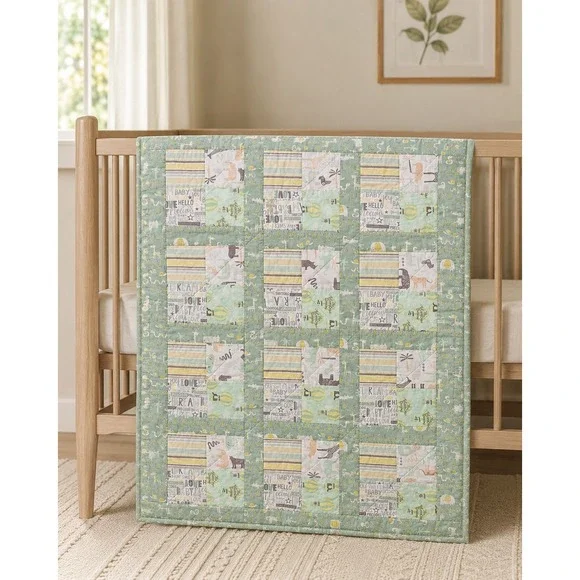Vintage Baby Quilt 30x40 Safari Jungle‎ Animals Sage Green Nursery Blanket