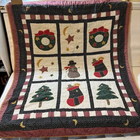 Handmade Christmas Throw Quilt Applique Snowman Tree Stocking Primitive