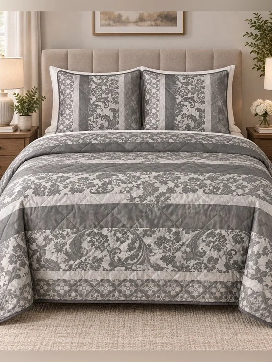 3 piece queen grey satin quilt set