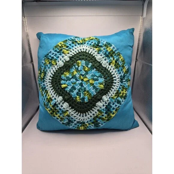 Crochet Granny Square Floral Boho Mandala Pillow Teal Green Yellow 16
