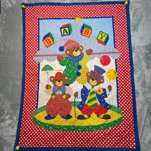 Handmade Baby Quilt Infant Multicolor Circus Teddy Bear‎ Clown Polka Dot Patch