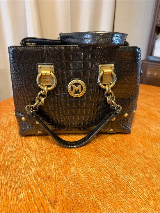 MICHAEL Michael Kors Black Croc-Embossed Satchel with Gold Hardware Accent