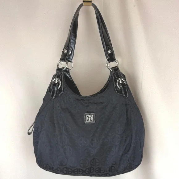 GIANI BERNINI Black Satin Monogram Patent Satchel Purse Buckle Hardware Vegan