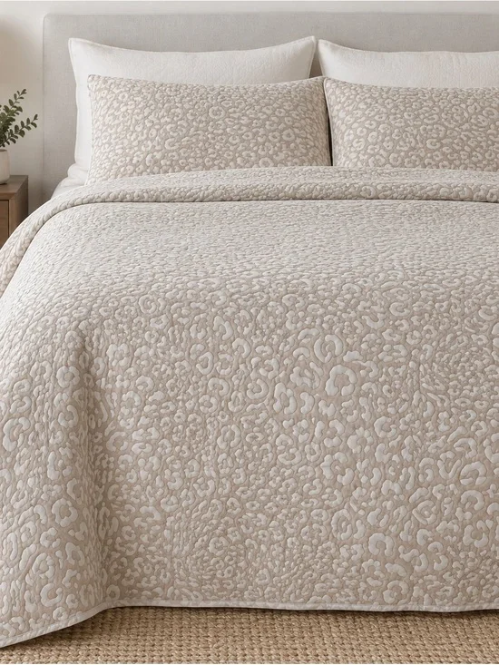 Tahari Home Neutral Leopard Print Quilted Bedspread Beige Ivory
