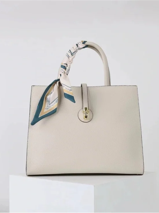 Elegant Cream Togo Leather Tote Bag with Scarf Accent