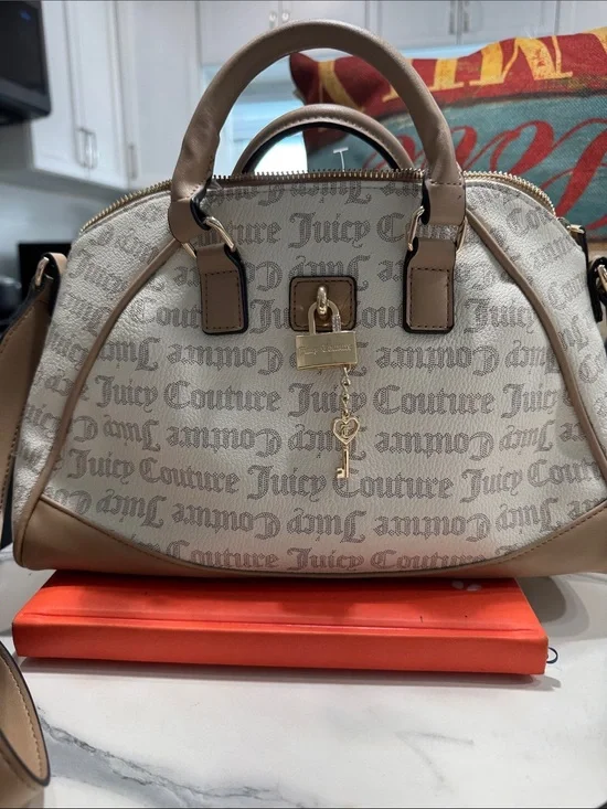 Juicy Couture Beige and Tan Logo Dome Satchel with Gold Charm