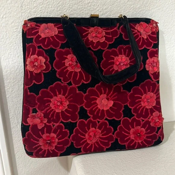 Vintage jolles collection wool with floral appliqué details‎ Top Handle handbag