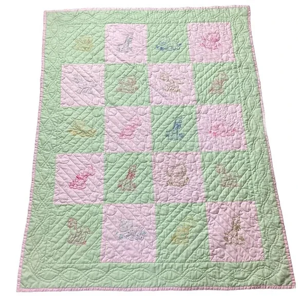 Crib Blanket Hand-Stitched Embroidered Baby Animals Pink&Green Nursery 54