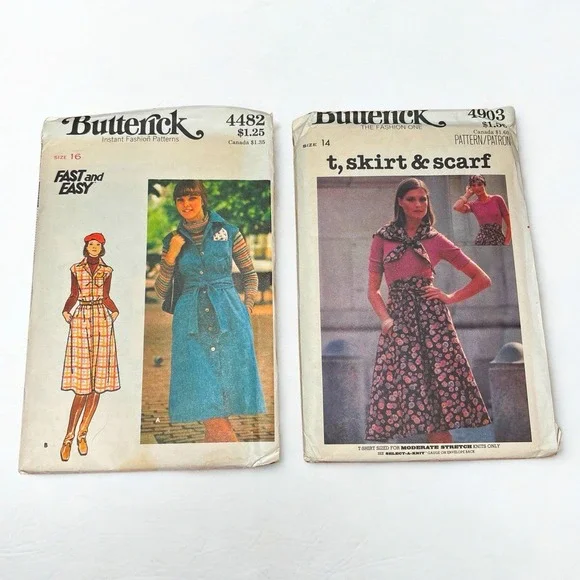 Lot of 2 Vintage 1970s Butterick Sewing Patterns 4482 Size 16 & 4903 Size 14
