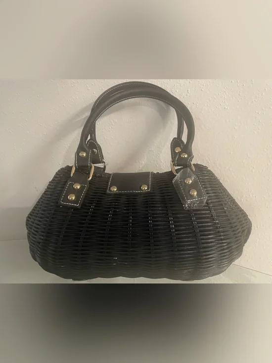 Black Woven Satchel with Gold-Tone Hardware