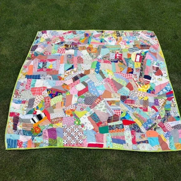 B+ Vintage Handmade Crazy Quilt Patchwork Multi Color Scraps Boho Folk Art 72x68