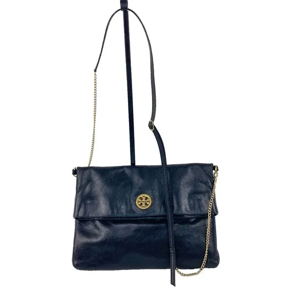 Tory Burch Leather Foldover Handbag Black Convertible Purse Clutch Shoulder Bag