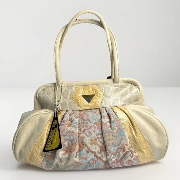 Vintage‎ Sylvia Cee Satchel - Cream Snakeskin, Leather, And SW Fabric - NOS