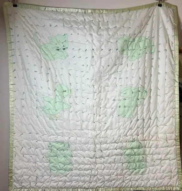 Vintage Handmade Baby Quilt 40x44.5 Hand Tied Appliqué Animals Satin Trim Crib