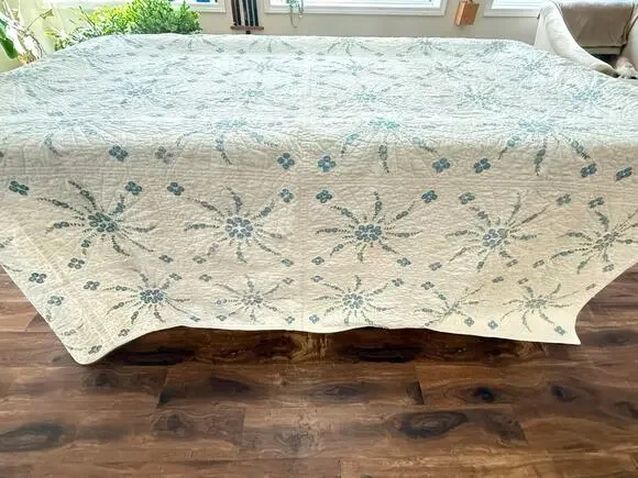Cutter Quilt Blue Floral Painted Design Hand Quilted Vintage Crafts Fabric 75x92