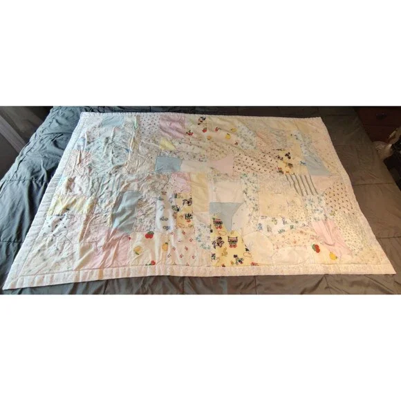 Vintage 1970s Handmade Tied Patchwork Baby Quilt Crib Blanket Nursery 55