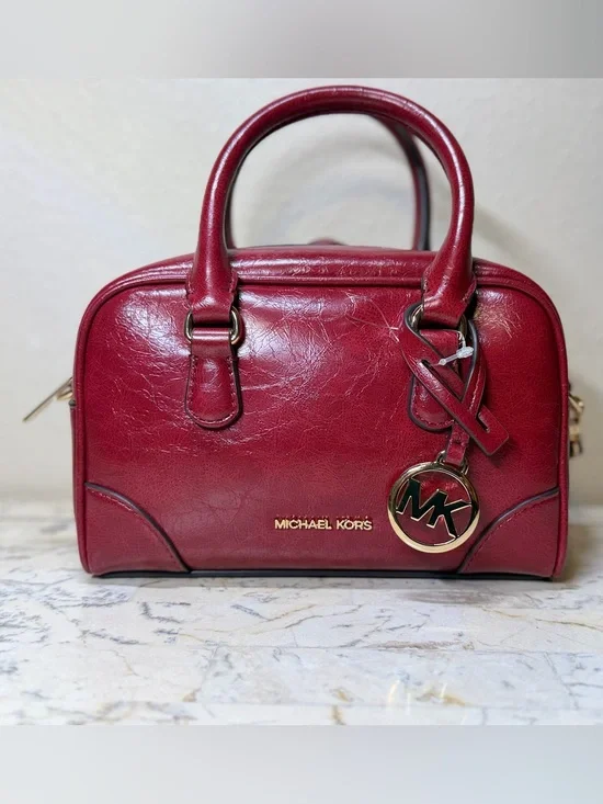 Michael Kors Burgundy Leather Satchel with Gold Logo Charm
