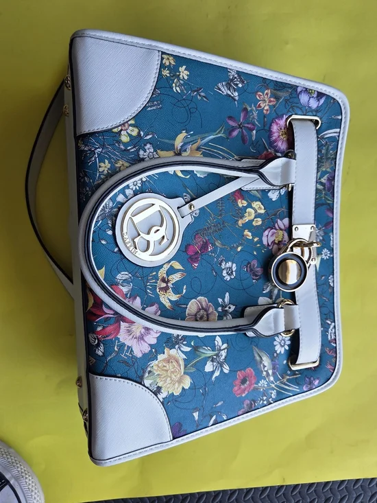 Floral Teal Tote Bag with White Trim