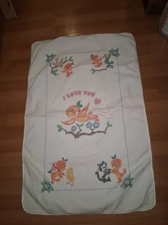 Vintage Disney Quilt Hand Embroidered Orange Bird Nursey Baby Quilt
