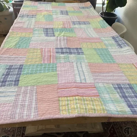 Handmade Quilt Colorful Plaid Patchwork Hand Quilted Bedspread 84