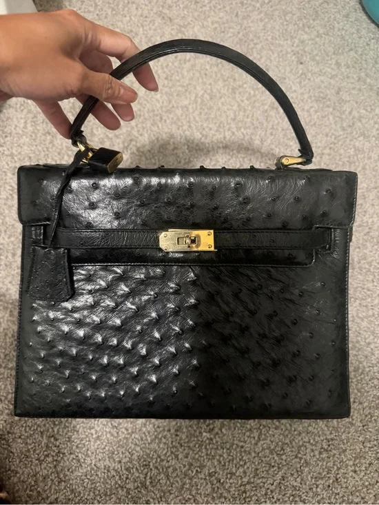 “Genuine” Black Ostrich Leather Top-Handle Bag “Kellybag”