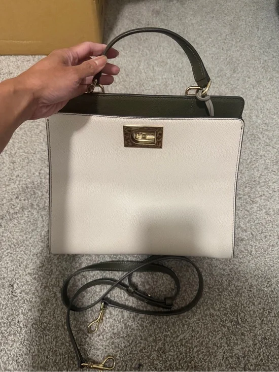 Furla Two-Tone Leather Top-Handle Satchel in Cream and Olive Green