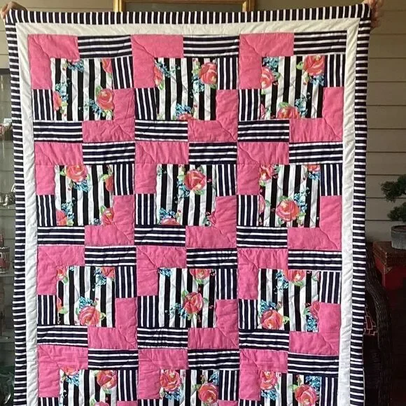 NWT. Hand Crafted Pink and Black Striped With Roses Floral Quilt