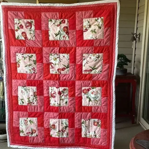 NWT. Floral Red and Pink Peonies Hand Crafted Quilt