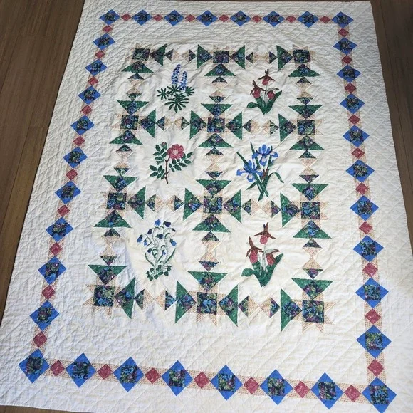 Vtg LL Bean Freeport Maine Botanical Block Applique Patchwork Quilt 62 X 80