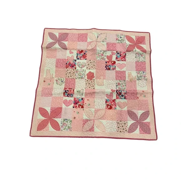 Handmade Pink Patchwork Quilt Cat Heart Floral Applique Nursery Blanket 44x44