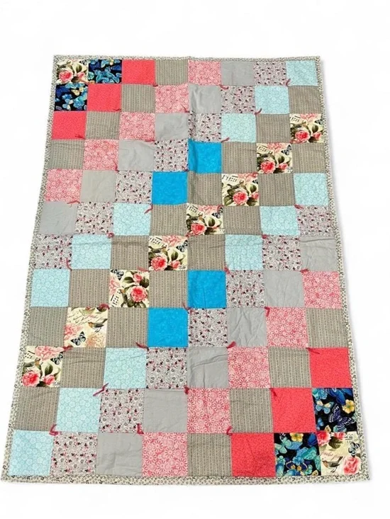 Handmade Patchwork Quilt Throw in Coral, Blue, Gray and Floral