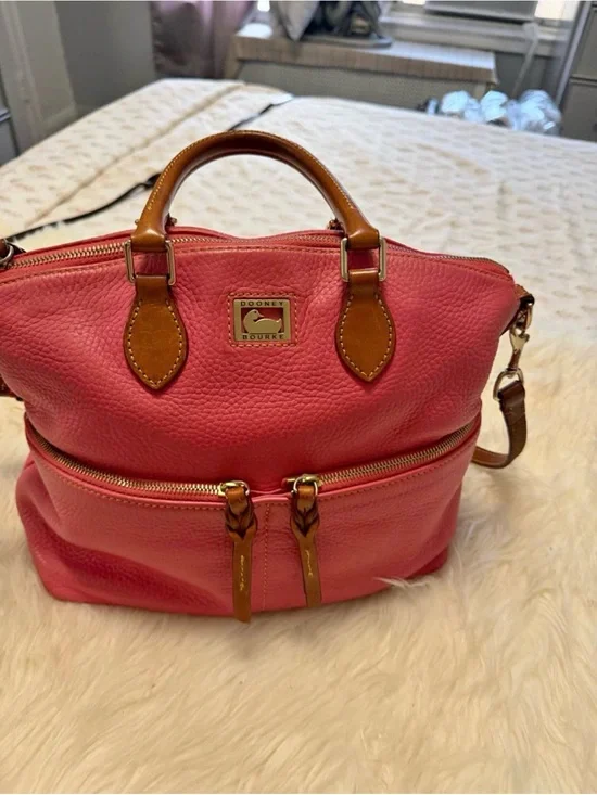 SOLD Dooney & Bourke Pink Pebble Leather Satchel with Tan Trim