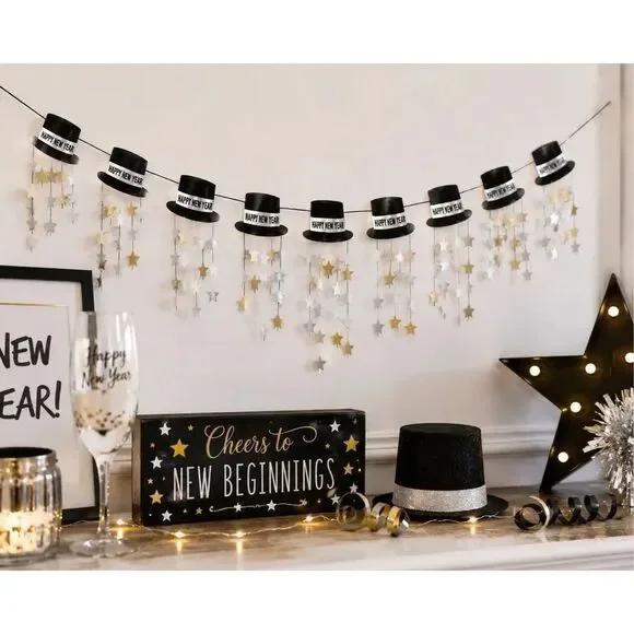 Stunning 3D Top Hat Garland Happy New Year party decoration black silver gold