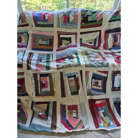 Handmade Log Cabin Patchwork Quilt Folk Art Cabin Blanket Tattered Worn 84X87
