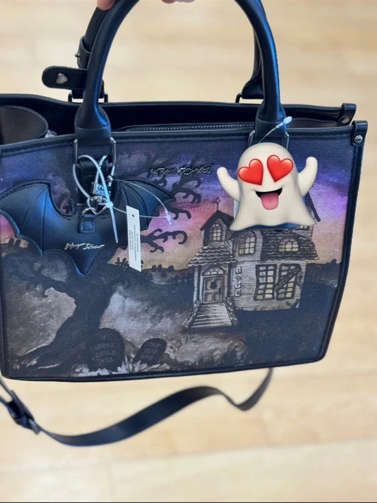 Betsey Johnson Black Canvas Haunted House Satchel with Purple-Pink Sky new