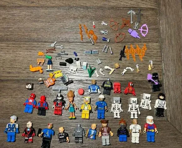 Lego Mini Figures Spider-Man, pirate,assorted figures and bits and pieces READ