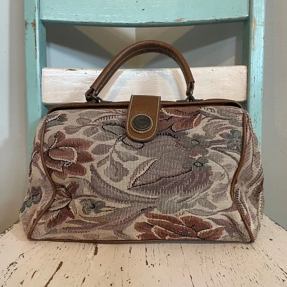 Capezio Vintage Floral Tapestry Purse Brown Faux Leather Satchel‎ Handbag Floral