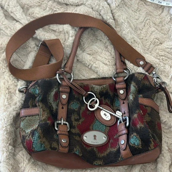 Fossil Multicolor Tapestry Satchel with Brown Leather Trim