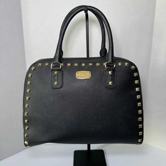Michael Kors Sandrine Studded Satchel in Black Saffiano Leather w/ Gold Hardware