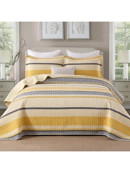 Lightweight Queen Quilt Bedding Set - Yellow Black Grey Striped Comforter, 3