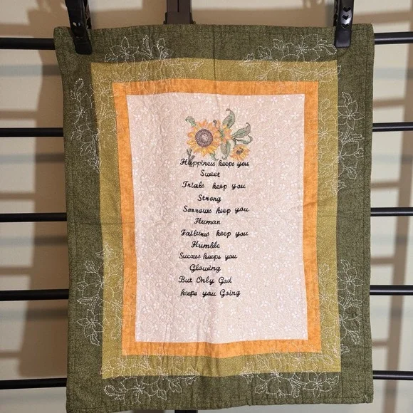 Vintage Quilt Hanging With Christian Saying Handmade Floral Embroidery 27 X 22‎