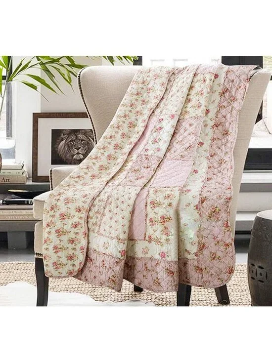 Cozy 100% Cotton Pink Floral Patchwork Quilt - Reversible Vintage Throw Blanket