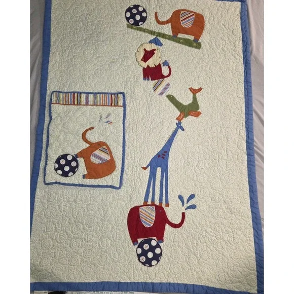 Pottery Barn Kids 2008 Baby Quilt Blanket And Sham Circus Stacked Animals Theme