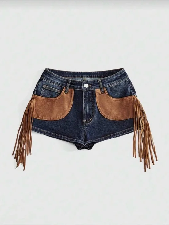 Dark Blue Stretch Denim Fringe Shorts with Brown Suede Pockets