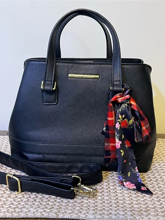Steve Madden Black Textured Dome Satchel Tote Purse with Floral Scarf Charm