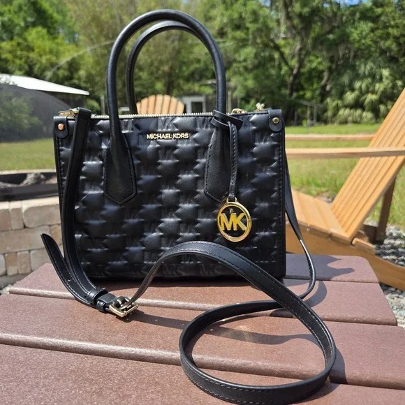 Michael Kors Black Embossed Leather Gold Logo Handbag Purse Maple Satchel‎