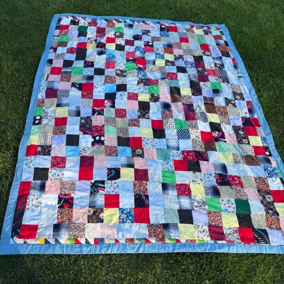 Handmade Patchwork Quilt Vintage Scrapyard Multi Color Blue Border 94x75 Throw