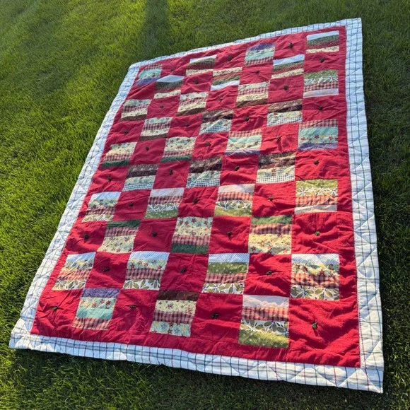 Handmade Patchwork Tied Quilt Red Plaid Floral Farmhouse Cottagecore 60x80 Throw