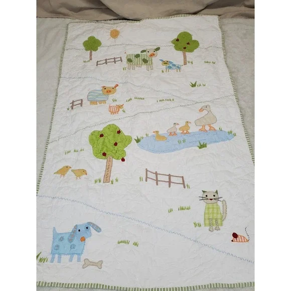 Pottery Barn Kids White Green Striped Cottontail Farmyard Friend Baby Crib Quilt