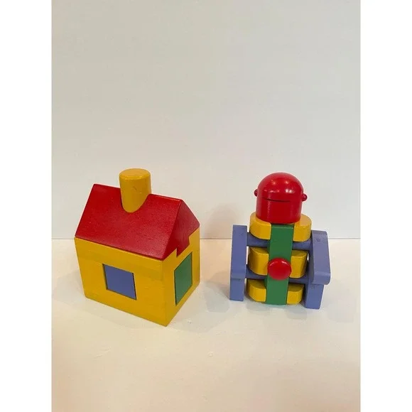 RARE Vintage IKEA Wood Building Blocks Robot and House Set Primary Colors